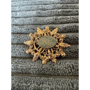 Vintage Freirich Gold Tone Floral Brooch Pin Antiqued Green Center Flower Accent